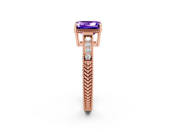 Rose gold Emerald Cut Tanzanite Ring with Milgrain Pavé Band and Four-Prong Setting