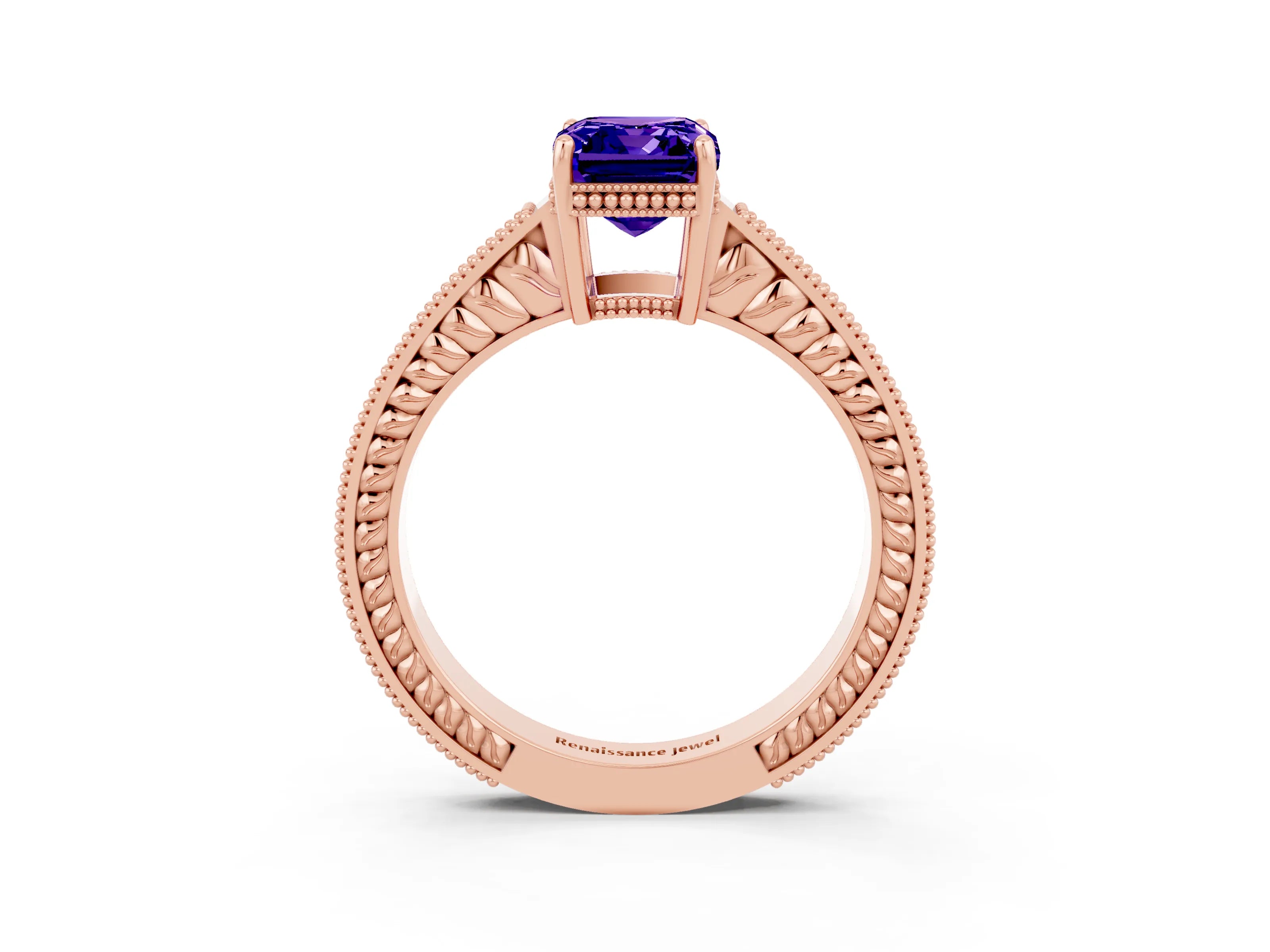 Rose gold Emerald Cut Tanzanite Ring with Milgrain Pavé Band and Four-Prong Setting_15