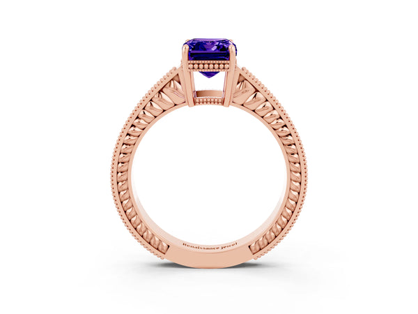 Rose gold Emerald Cut Tanzanite Ring with Milgrain Pavé Band and Four-Prong Setting