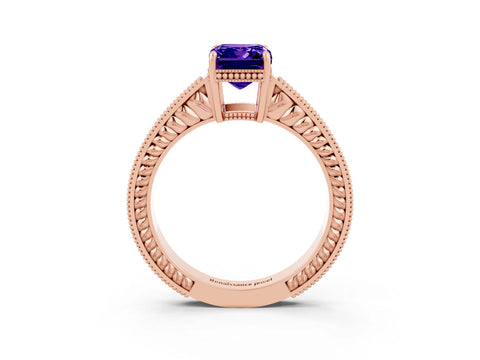 Rose gold Emerald Cut Tanzanite Ring with Milgrain Pavé Band and Four-Prong Setting_15