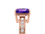 Rose gold Emerald Cut Tanzanite Ring with Milgrain Pavé Band and Four-Prong Setting_17