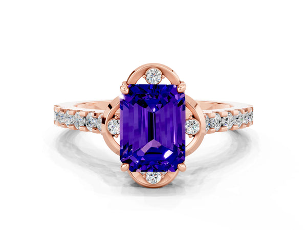 Rose gold Emerald Cut Tanzanite Ring with Pavé Band and Floral Prong Setting