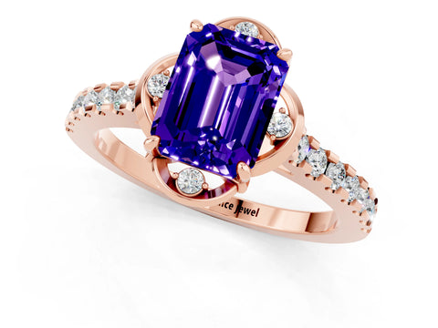 Rose gold Emerald Cut Tanzanite Ring with Pavé Band and Floral Prong Setting_1