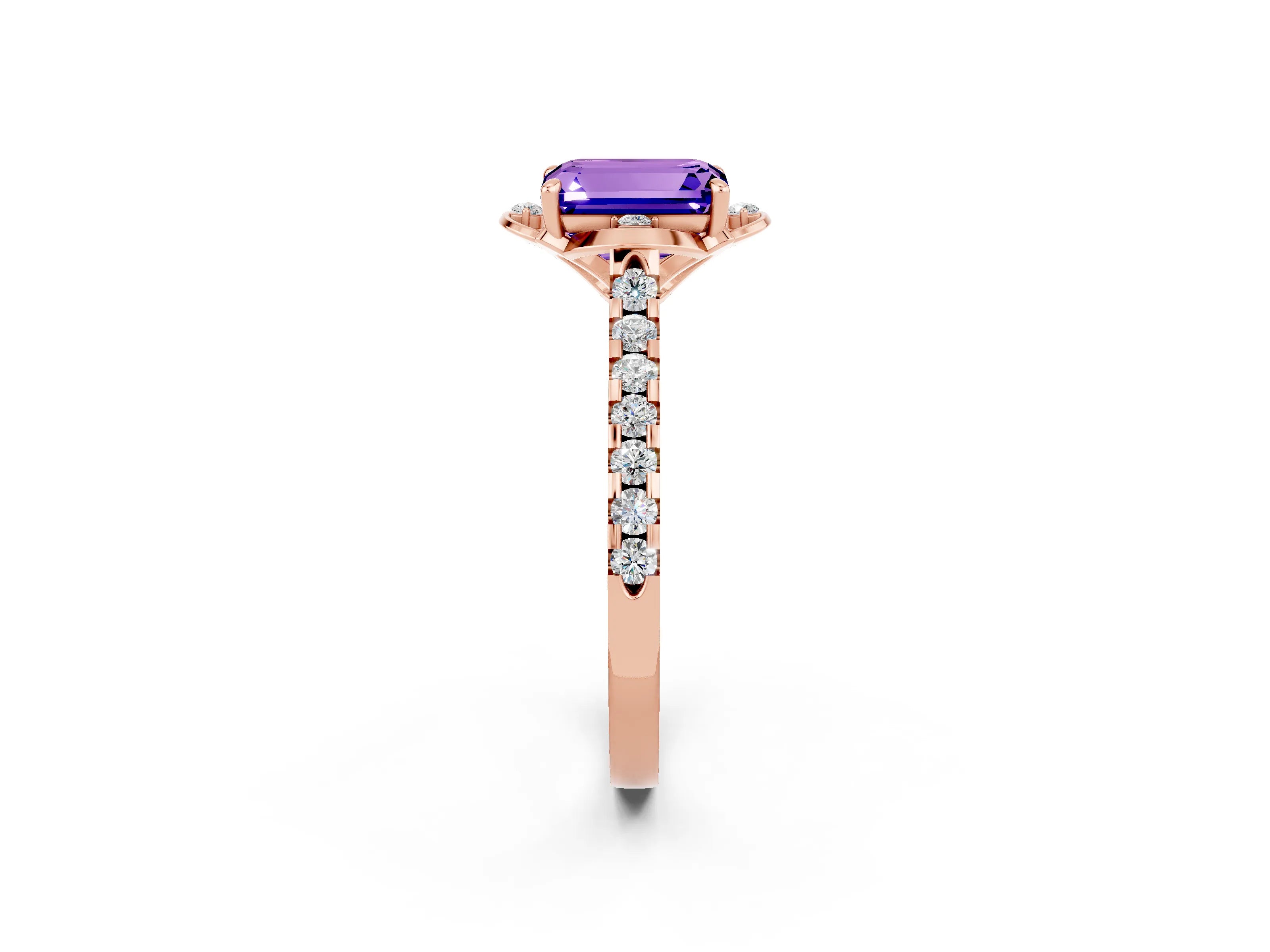 Rose gold Emerald Cut Tanzanite Ring with Pavé Band and Floral Prong Setting_2