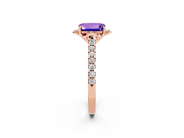 Rose gold Emerald Cut Tanzanite Ring with Pavé Band and Floral Prong Setting