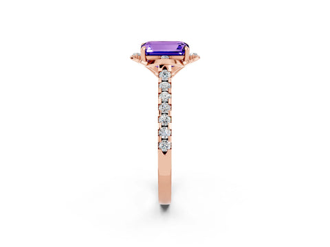 Rose gold Emerald Cut Tanzanite Ring with Pavé Band and Floral Prong Setting_2