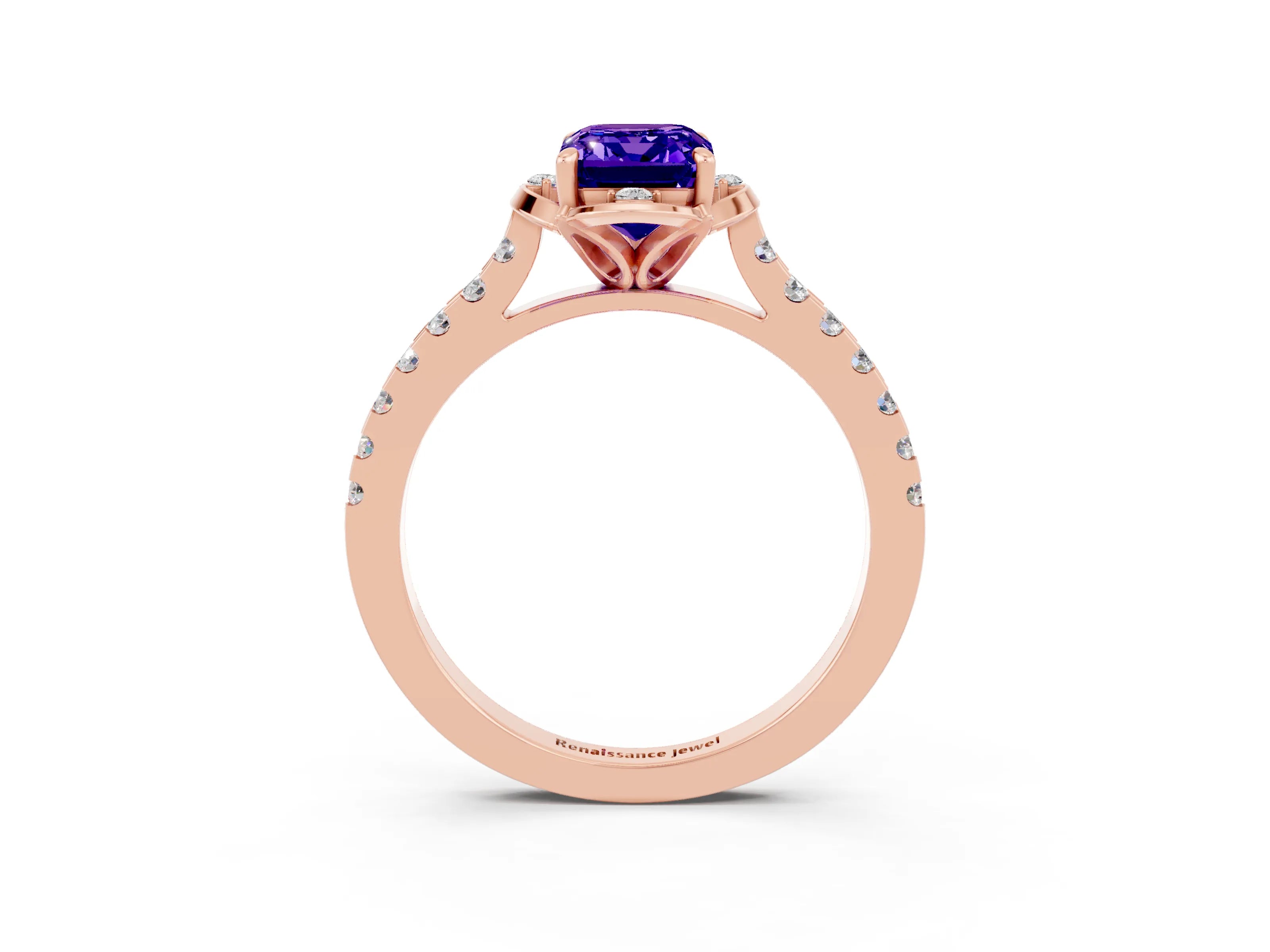 Rose gold Emerald Cut Tanzanite Ring with Pavé Band and Floral Prong Setting_3