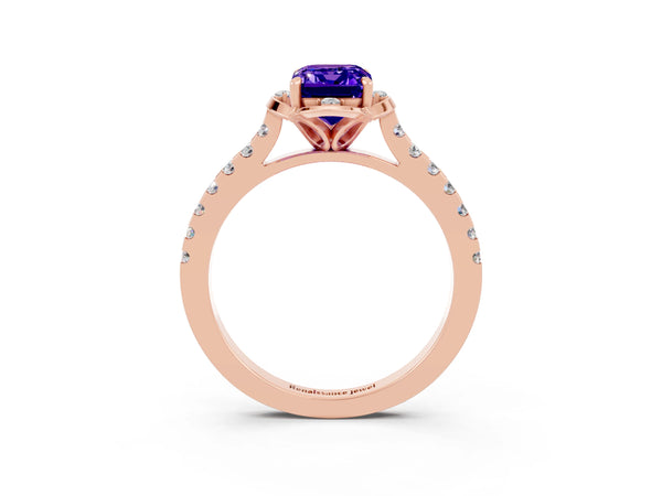 Rose gold Emerald Cut Tanzanite Ring with Pavé Band and Floral Prong Setting