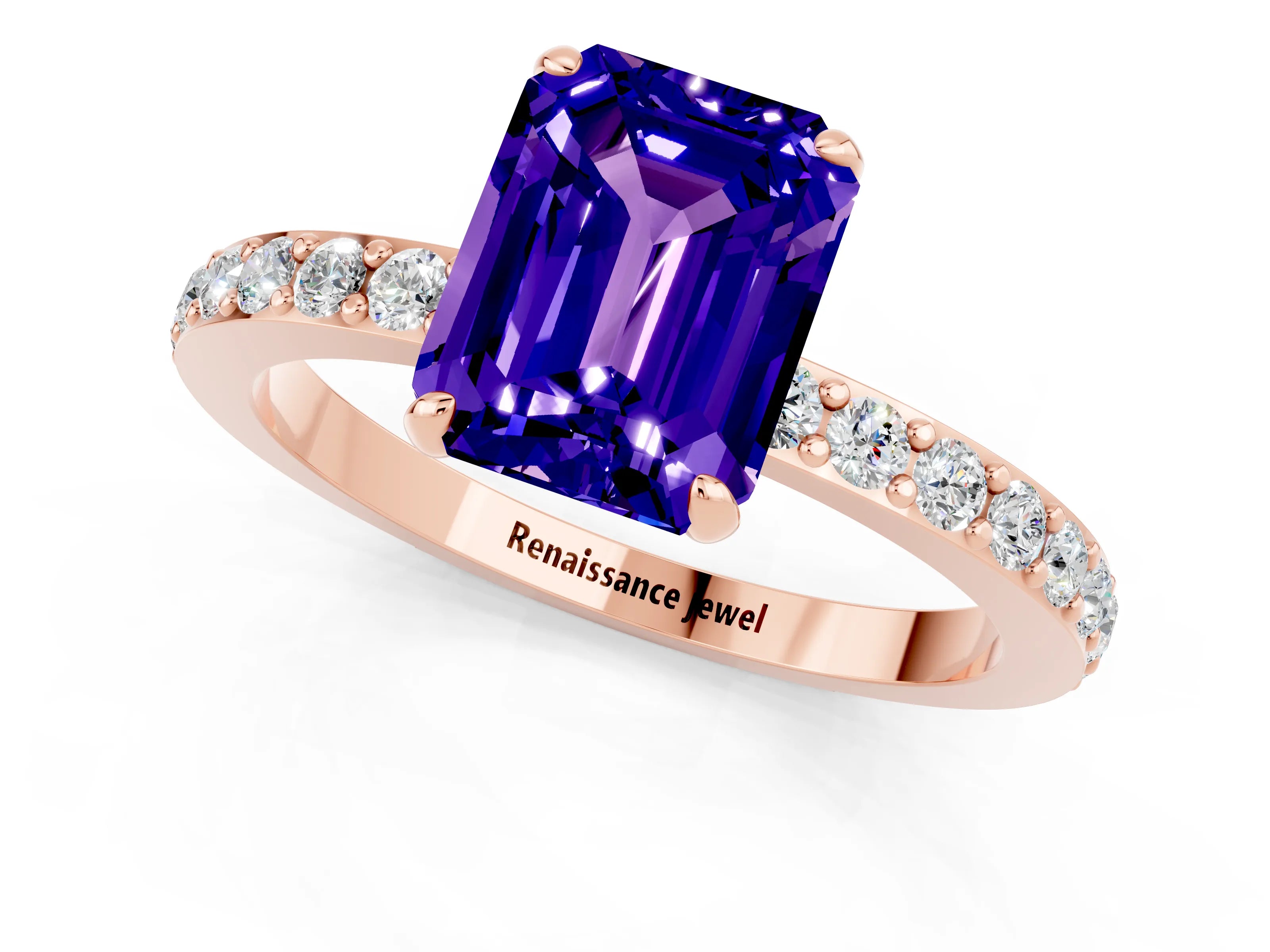 Rose gold Emerald Cut Tanzanite Ring with Pavé Band and Four-Prong Setting_1