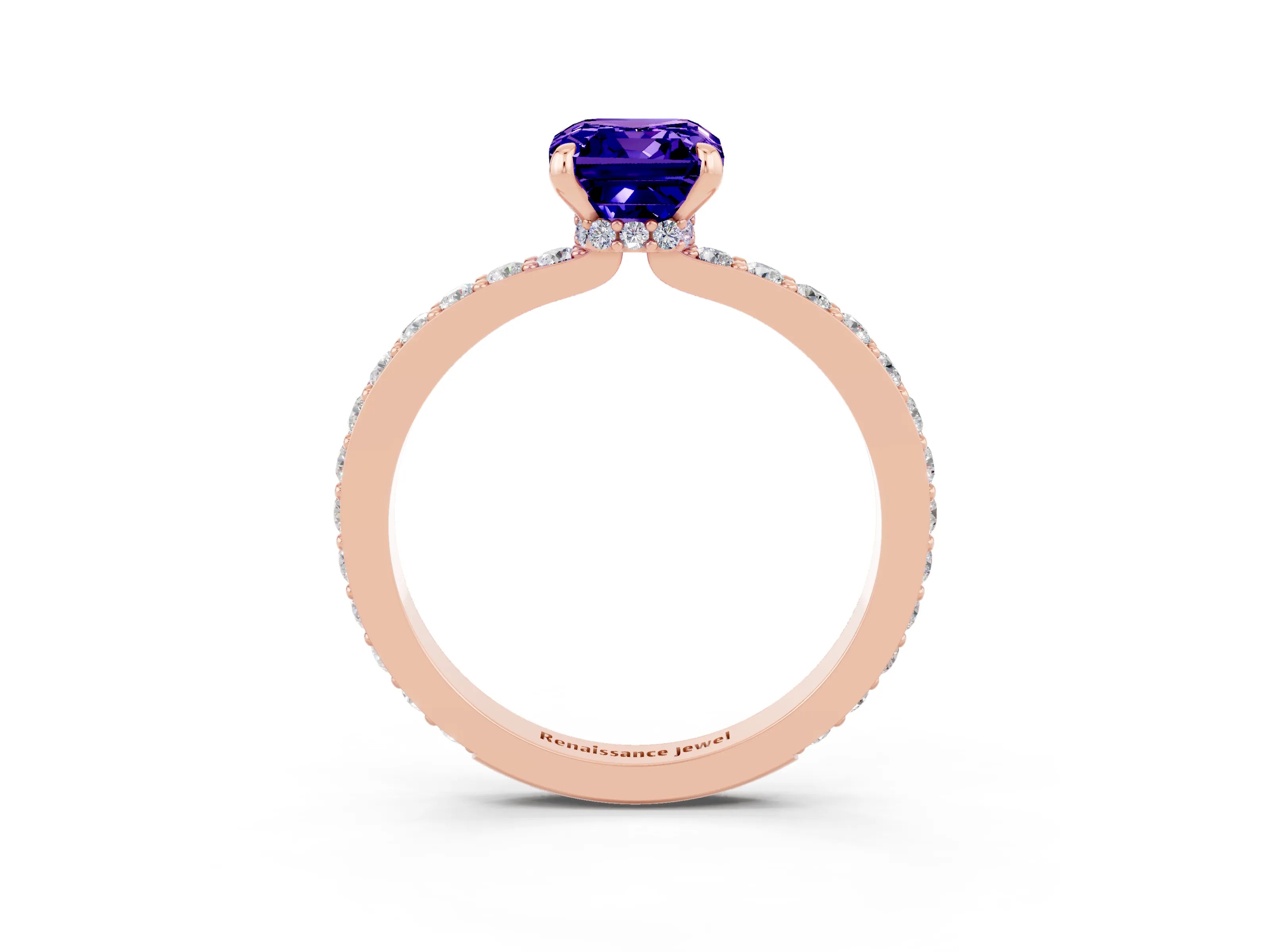 Rose gold Emerald Cut Tanzanite Ring with Pavé Band and Four-Prong Setting_3