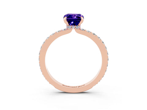 Rose gold Emerald Cut Tanzanite Ring with Pavé Band and Four-Prong Setting_3