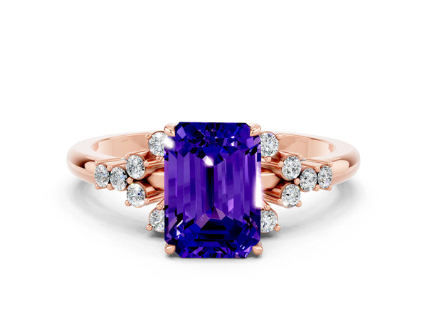 Rose gold Emerald Cut Tanzanite Ring with Side Stones and Four-Prong Setting