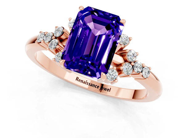 Rose gold Emerald Cut Tanzanite Ring with Side Stones and Four-Prong Setting