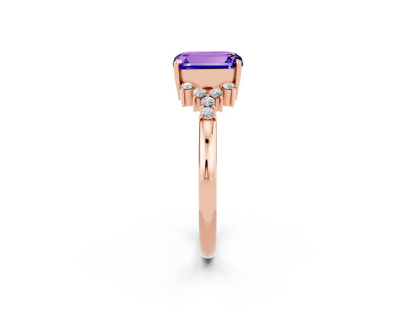 Rose gold Emerald Cut Tanzanite Ring with Side Stones and Four-Prong Setting