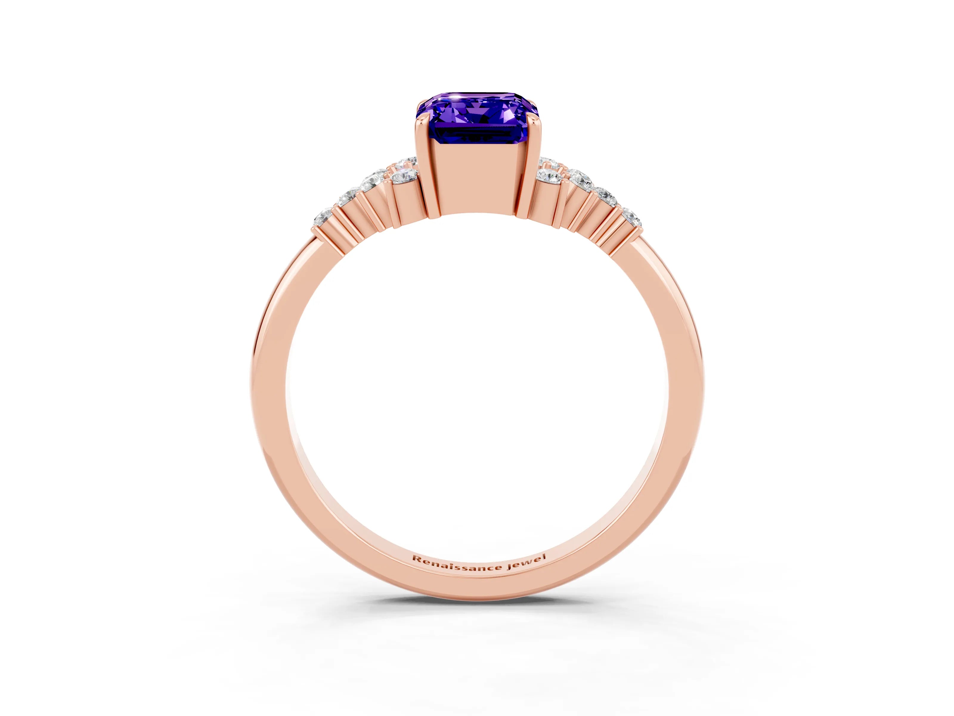 Rose gold Emerald Cut Tanzanite Ring with Side Stones and Four-Prong Setting_39
