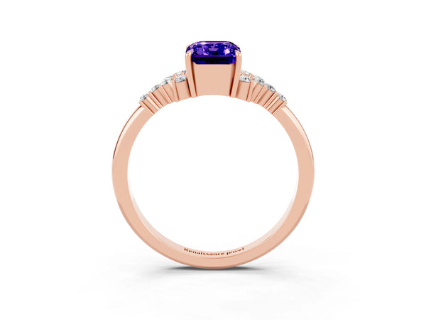 Rose gold Emerald Cut Tanzanite Ring with Side Stones and Four-Prong Setting