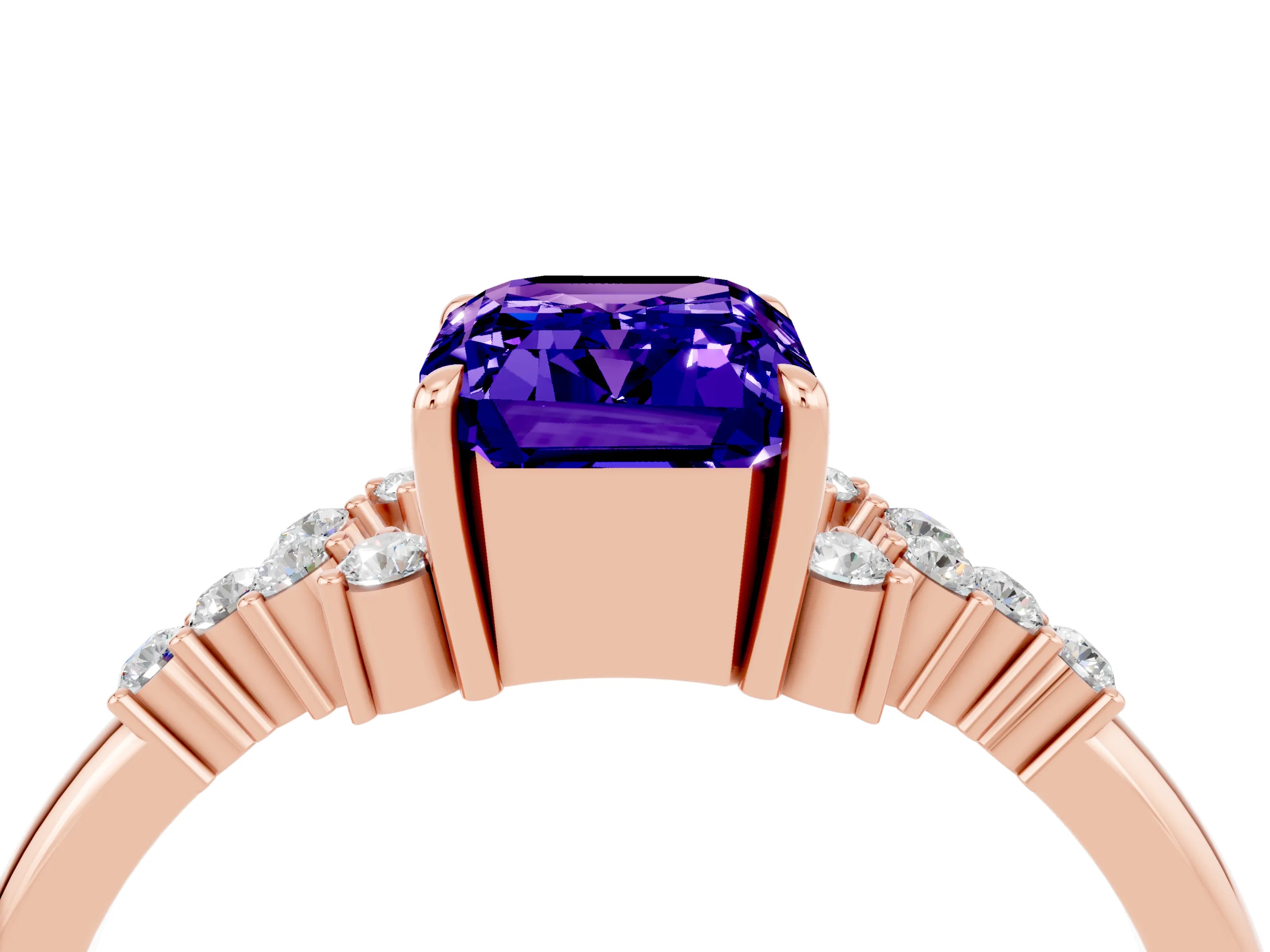 Rose gold Emerald Cut Tanzanite Ring with Side Stones and Four-Prong Setting_40