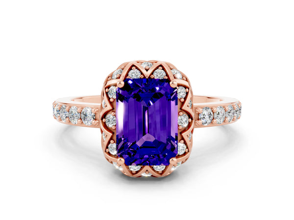 Rose gold Emerald Cut Tanzanite Scalloped Halo Engagement Ring with Round Shared Prong Band