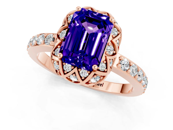 Rose gold Emerald Cut Tanzanite Scalloped Halo Engagement Ring with Round Shared Prong Band