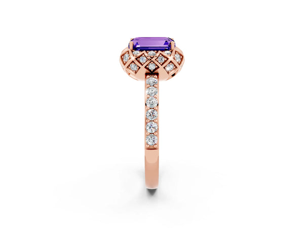 Rose gold Emerald Cut Tanzanite Scalloped Halo Engagement Ring with Round Shared Prong Band