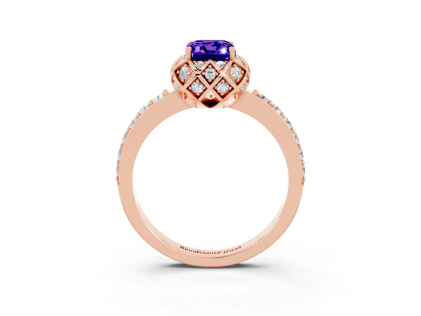 Rose gold Emerald Cut Tanzanite Scalloped Halo Engagement Ring with Round Shared Prong Band