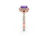Rose gold Emerald Cut Tanzanite Scalloped Halo Engagement Ring with Round Shared Prong Band_26