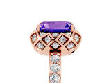 Rose gold Emerald Cut Tanzanite Scalloped Halo Engagement Ring with Round Shared Prong Band_29