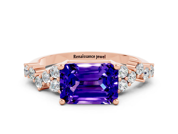 Rose gold Emerald Cut Tanzanite Scattered Round Accent Ring with Prong Setting