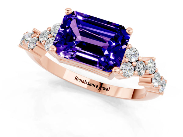 Rose gold Emerald Cut Tanzanite Scattered Round Accent Ring with Prong Setting