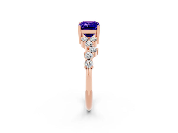 Rose gold Emerald Cut Tanzanite Scattered Round Accent Ring with Prong Setting