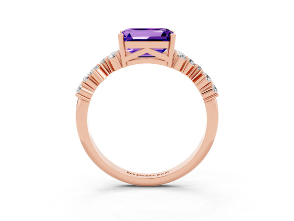 Rose gold Emerald Cut Tanzanite Scattered Round Accent Ring with Prong Setting