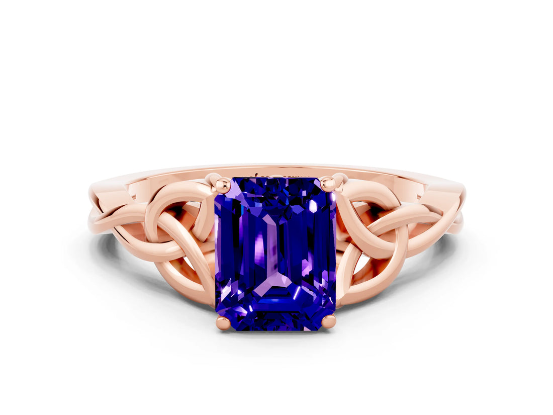 Rose gold Emerald Cut Tanzanite Solitaire Celtic Knot Ring with Four-Prong Setting_12