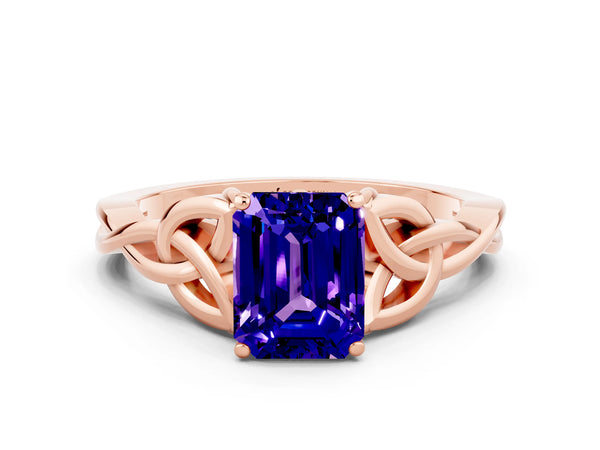 Rose gold Emerald Cut Tanzanite Solitaire Celtic Knot Ring with Four-Prong Setting