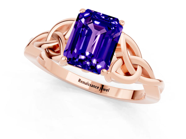 Rose gold Emerald Cut Tanzanite Solitaire Celtic Knot Ring with Four-Prong Setting