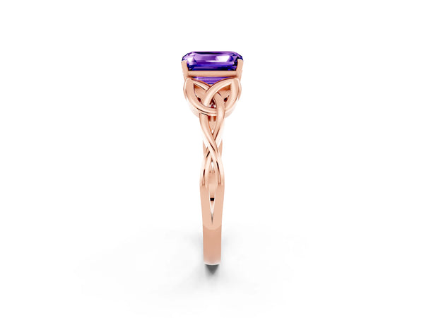 Rose gold Emerald Cut Tanzanite Solitaire Celtic Knot Ring with Four-Prong Setting