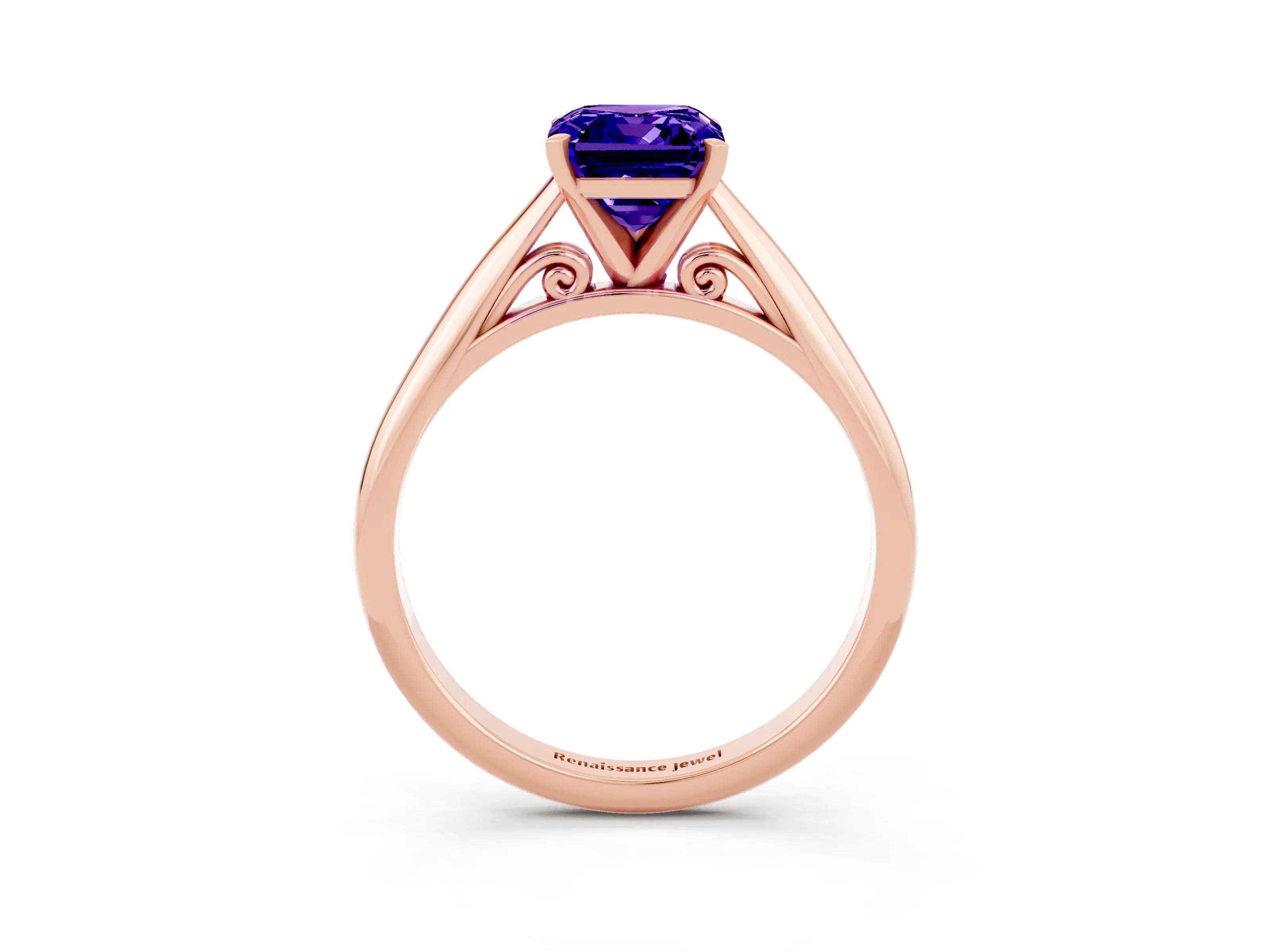 Rose gold Emerald Cut Tanzanite Solitaire Engagement Ring with Cathedral Setting and Four-Prong Mount_15