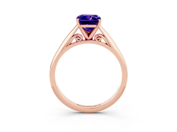 Rose gold Emerald Cut Tanzanite Solitaire Engagement Ring with Cathedral Setting and Four-Prong Mount