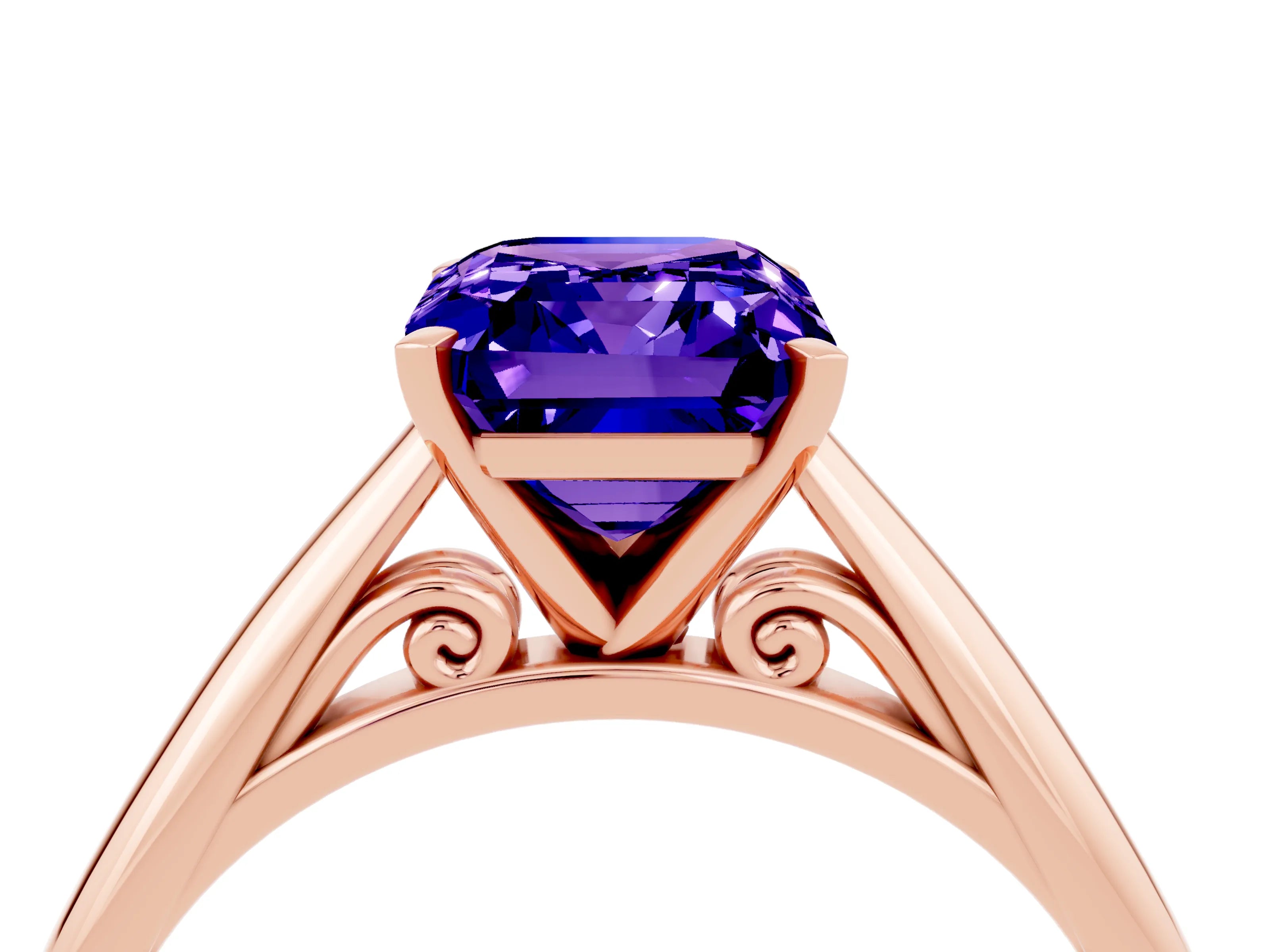 Rose gold Emerald Cut Tanzanite Solitaire Engagement Ring with Cathedral Setting and Four-Prong Mount_16