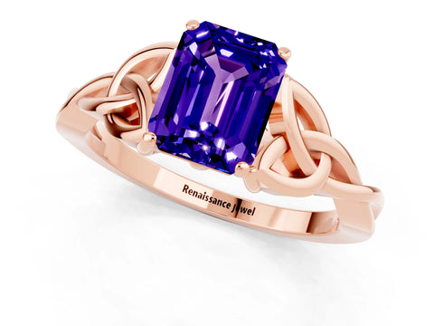 Rose gold Emerald Cut Tanzanite Solitaire Engagement Ring with Celtic Knot Band and Four-Prong Setting_1