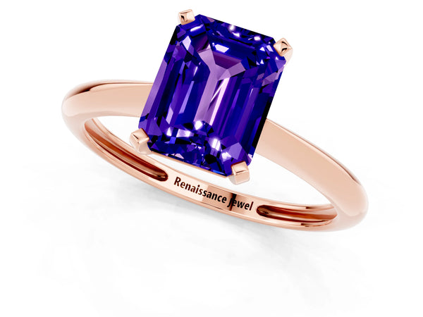 Rose gold Emerald Cut Tanzanite Solitaire Engagement Ring with Classic Band and Four-Prong Setting