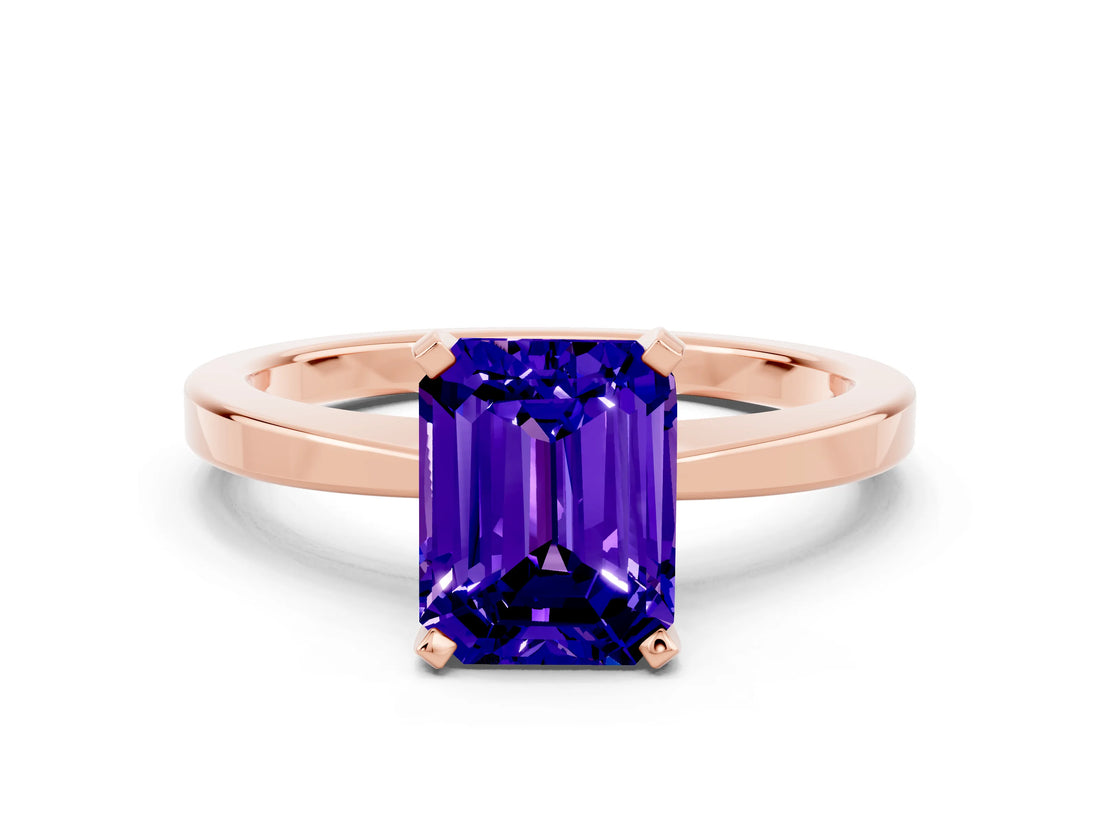Rose gold Emerald Cut Tanzanite Solitaire Engagement Ring with Classic Band and Four-Prong Setting_24