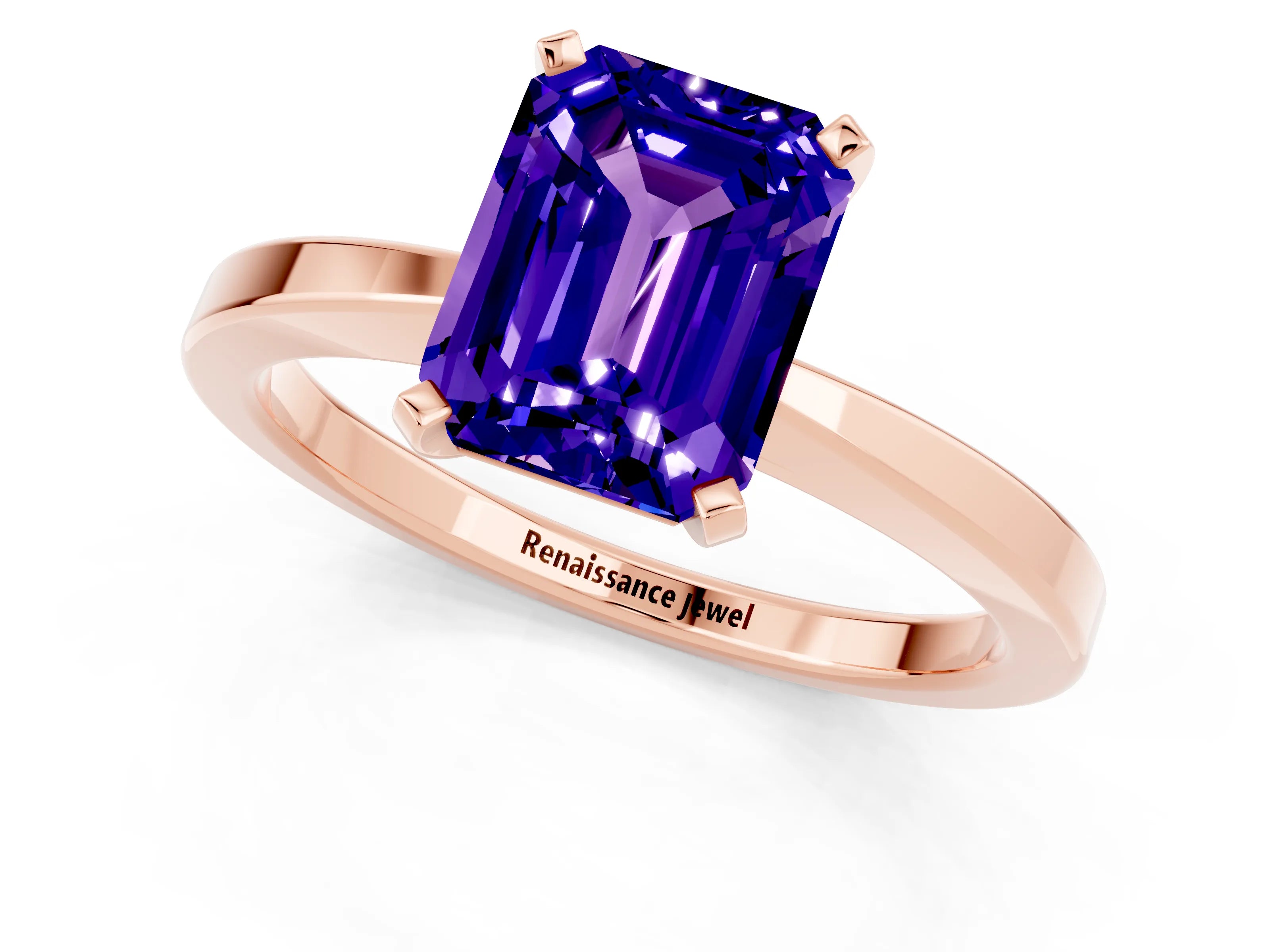 Rose gold Emerald Cut Tanzanite Solitaire Engagement Ring with Classic Band and Four-Prong Setting_25