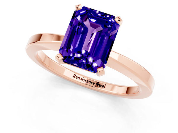 Rose gold Emerald Cut Tanzanite Solitaire Engagement Ring with Classic Band and Four-Prong Setting