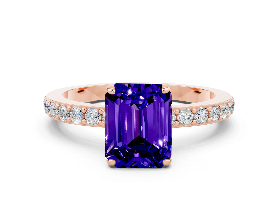 Rose gold Emerald Cut Tanzanite Solitaire Engagement Ring with Pavé Band and Four-Prong Setting