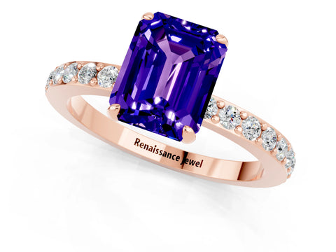 Rose gold Emerald Cut Tanzanite Solitaire Engagement Ring with Pavé Band and Four-Prong Setting_1