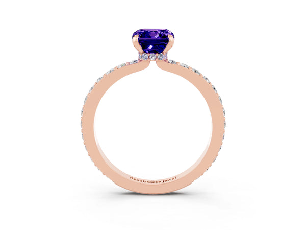 Rose gold Emerald Cut Tanzanite Solitaire Engagement Ring with Pavé Band and Four-Prong Setting