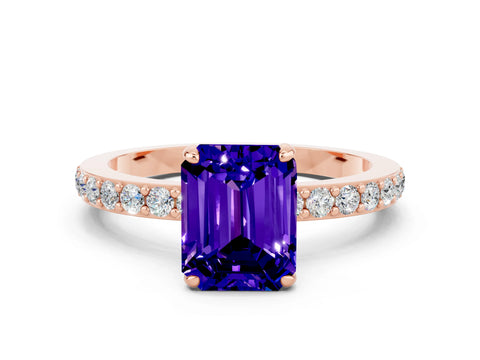 Rose gold Emerald Cut Tanzanite Solitaire Engagement Ring with Pavé Band and Four-Prong Setting