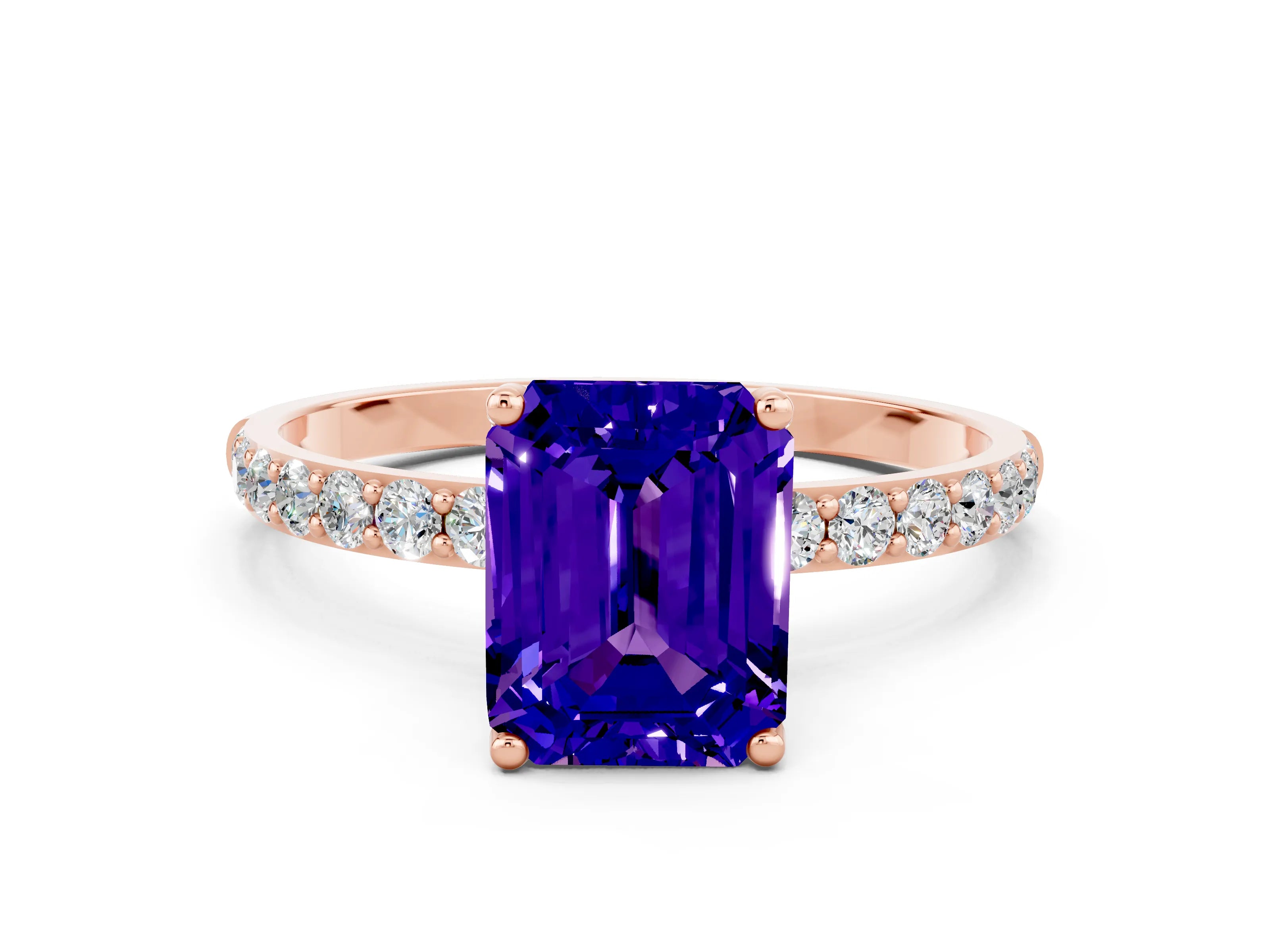Rose gold Emerald Cut Tanzanite Solitaire Engagement Ring with Pavé Band and Prong Setting
