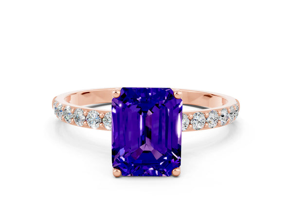 Rose gold Emerald Cut Tanzanite Solitaire Engagement Ring with Round  Pavé Band and Prong Setting