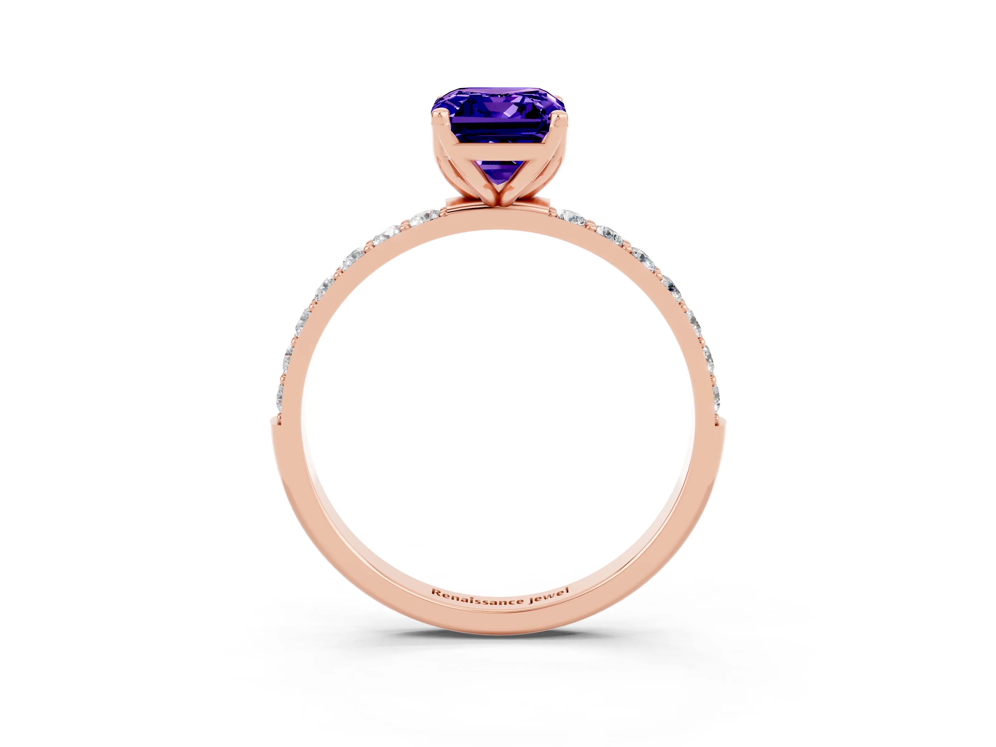 Rose gold Emerald Cut Tanzanite Solitaire Engagement Ring with Pavé Band and Prong Setting_3